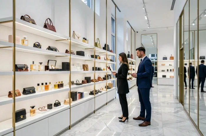 Intérieur élégant d'une boutique de luxe sur les Champs-Élysées avec des clients qui font du shopping
