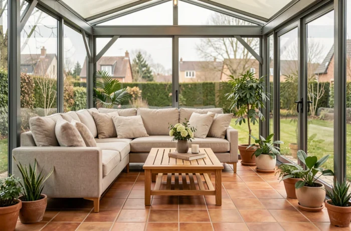 Intérieur aménagé d'une véranda sur mesure avec salon cosy et vue sur jardin dans les Yvelines