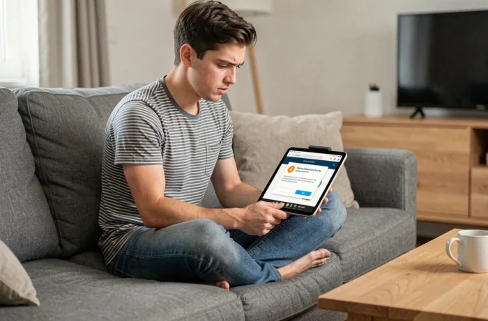 Jeune personne lisant un avertissement de sécurité sur un site de conversion vidéo MP3 MP4 sur tablette