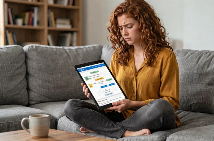 Jeune femme explorant le plan de site d'un magazine en ligne sur une tablette dans un salon confortable