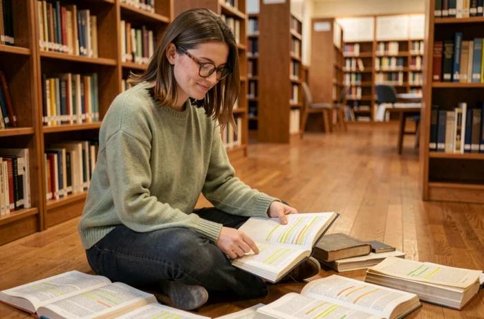 Jeune femme lisant des documents techniques entourée de livres dans une bibliothèque universitaire, symbolisant la recherche et la compréhension d'un fonctionnement complexe
