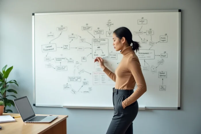 Jeune femme professionnelle révisant sa stratégie de communication sur un tableau blanc dans un bureau épuré