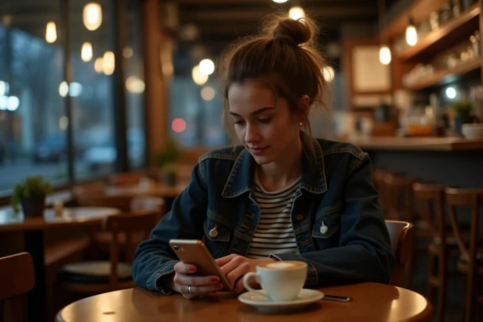 Jeune femme seule dans un café le soir envoyant un SMS sur son smartphone