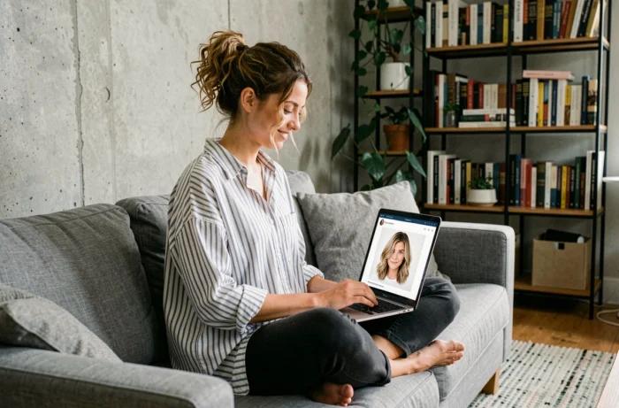 Jeune femme testant virtuellement différentes coupes de cheveux sur un ordinateur portable depuis son canapé à domicile