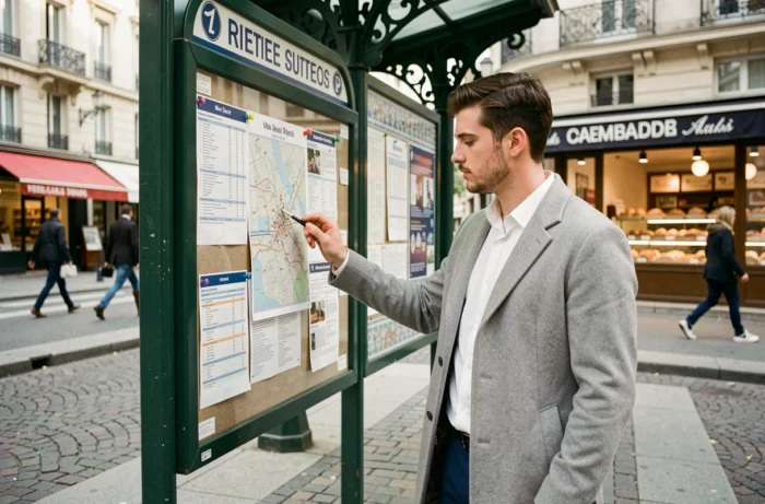 Jeune homme consultant une carte des offres d'emploi près d'une station de métro parisienne dans un quartier animé