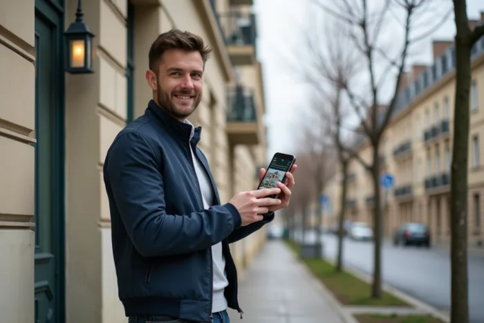 Jeune salarié devant un immeuble résidentiel consultant l'application Al'in sur son téléphone pour trouver un appartement