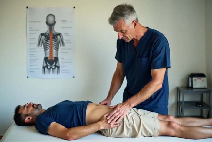 Kinésithérapeute effectuant un massage thérapeutique de la fesse sur un patient souffrant de sciatique en cabinet