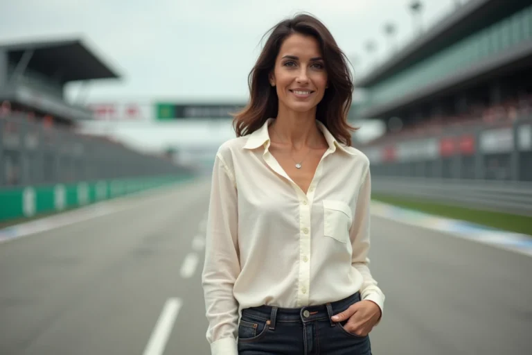 Femme élégante aux cheveux bruns naturels dans un environnement de compétition automobile, portrait éditorial en extérieur