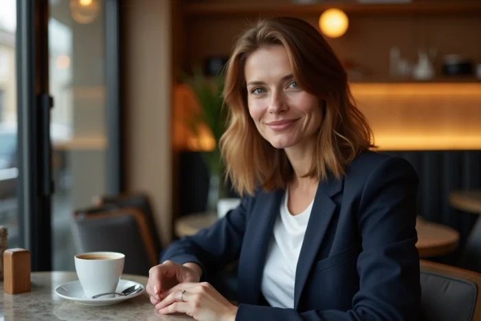 Femme discrète et élégante attablée dans une brasserie parisienne, ambiance portrait éditorial intérieur