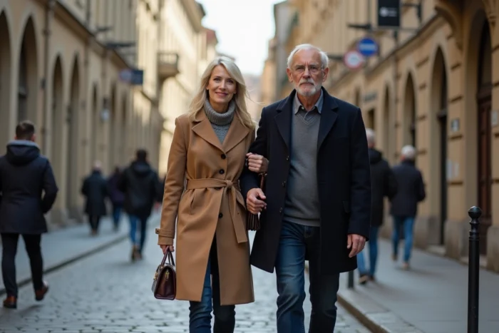 Couple discret se promenant dans une rue pavée européenne, ambiance éditorial journalistique et naturelle