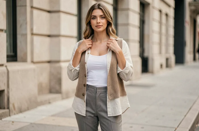 Femme portant plusieurs couches de vêtements légers superposés pour créer une silhouette tendance