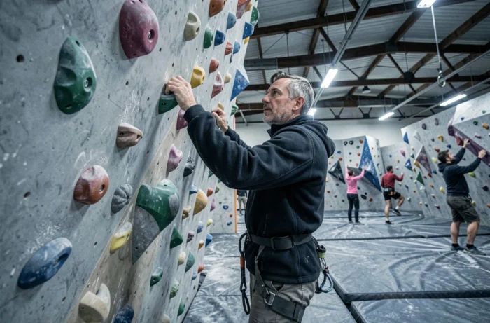 Homme en train d'escalader un mur de bloc coloré dans une salle d'escalade urbaine avec harnais et chaussons
