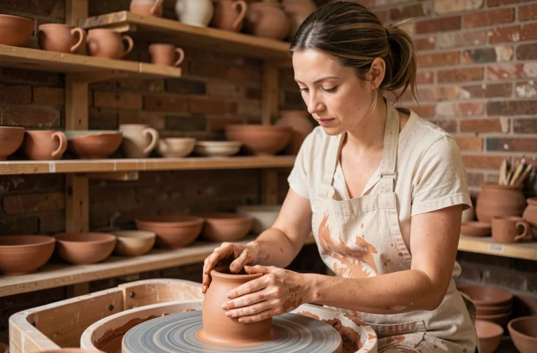 Femme pratiquant la poterie artisanale dans un atelier en briques, les mains couvertes d'argile sur un tour de potier