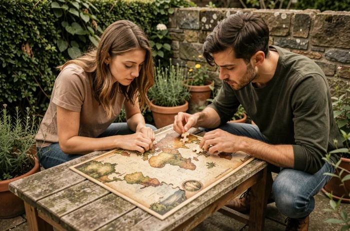 Deux amis concentrés sur un grand puzzle insolite à motifs de carte ancienne sur une table en bois dans un jardin