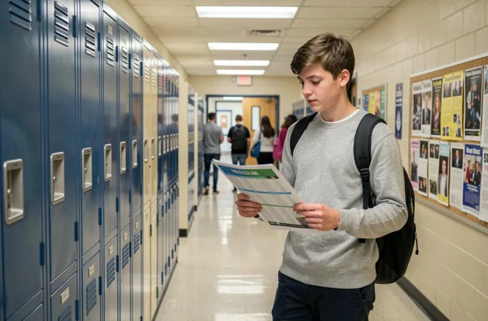 Lycéen dans un couloir d'établissement scolaire consultant son emploi du temps, casier métallique en arrière-plan