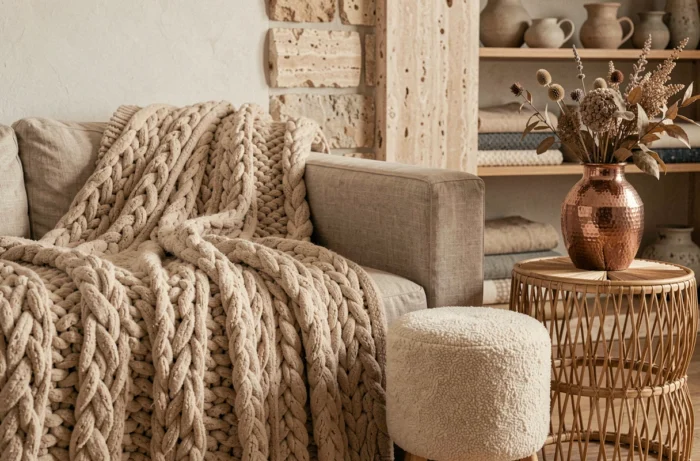 Mélange de matériaux tactiles dans un coin salon avec laine, travertin, boucle, rotin et cuivre martelé pour un intérieur sensoriel