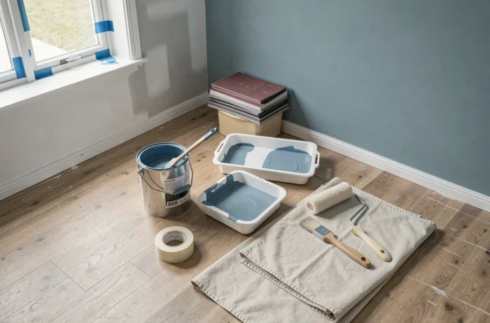 Matériel de peinture organisé sur le sol d'une chambre en rénovation avec outillage et pots de peinture ouverts