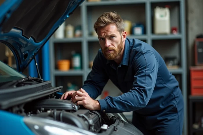 Mécanicien inspectant le moteur diesel d'une Clio 4 dans un garage automobile, risque de casse moteur
