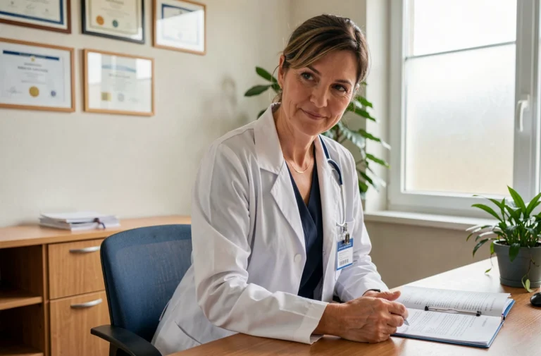 Médecin en santé au travail de l'OHS de Lorraine consultant un dossier médical dans son cabinet professionnel