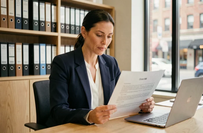 Femme professionnelle relisant les mentions légales d'un site web dans un bureau moderne