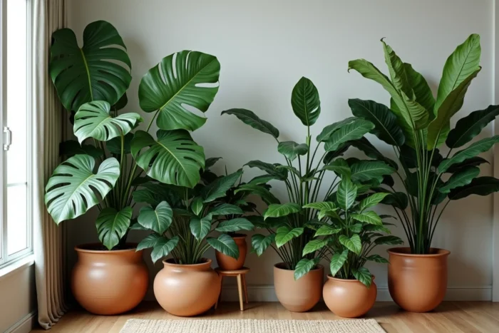 Mini jungle d'intérieur avec plantes XXL comme monstera et figuier lyre dans des pots en terre cuite dans un coin de salon