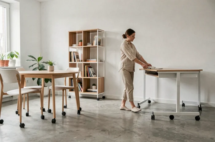 Mobilier flexible sur roulettes dans un appartement modulable avec femme repositionnant une étagère dans un intérieur blanc et béton