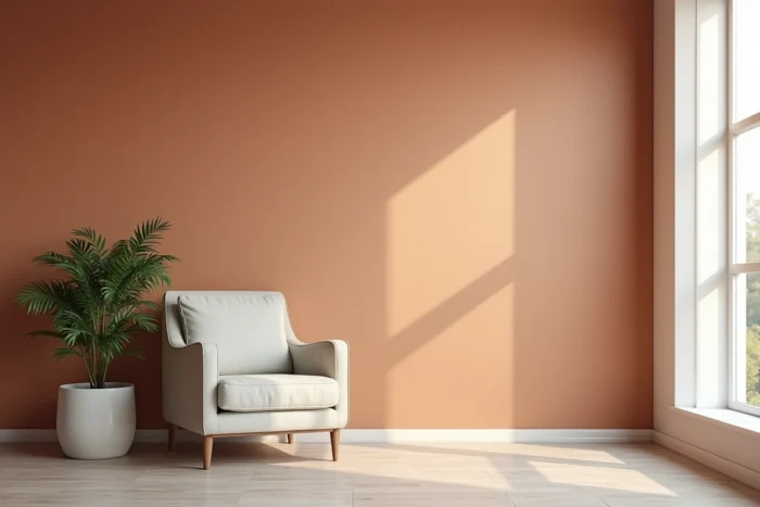 Mur accent avec finition peinture effet chaux ou minéral en teinte terracotta dans un salon contemporain