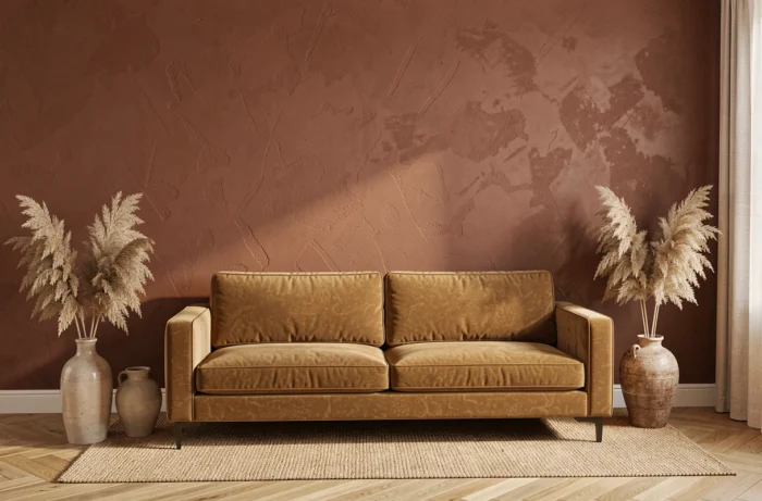 Mur d'accent peint en terracotta dans un salon contemporain avec canapé en velours caramel et accessoires en céramique