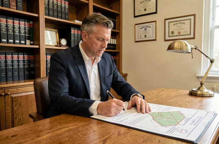 Notaire examinant des documents officiels pour l'achat d'un terrain non constructible dans son étude