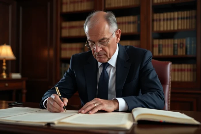 Notaire signant une attestation officielle dans son étude avec des documents juridiques sur un bureau en acajou