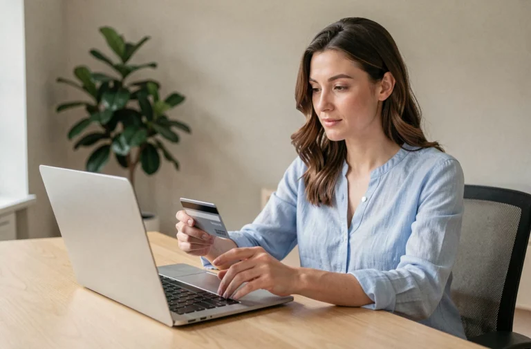 Femme effectuant un paiement en ligne simplifié sans 3D Secure depuis son bureau à domicile