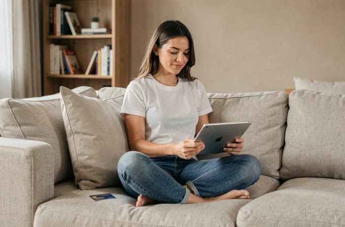 Jeune femme effectuant un paiement simplifié sur tablette sans code 3D Secure dans son salon