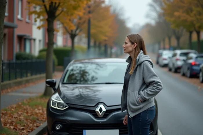 Femme inquiète devant sa Clio 4 diesel en panne avec fumée moteur sur le bord de la route