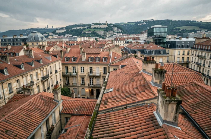 Vue panoramique des toits de Lyon avec immeubles anciens et architecture typique illustrant le marché immobilier lyonnais