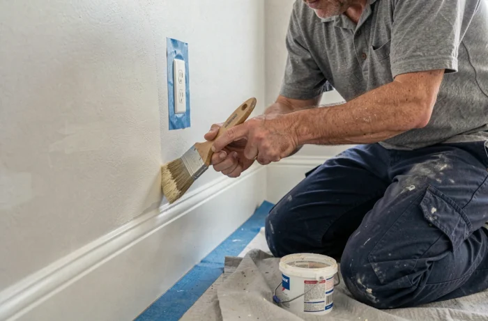 Homme peignant avec un pinceau fin le bas d'un mur en suivant la plinthe lors d'une rénovation intérieure