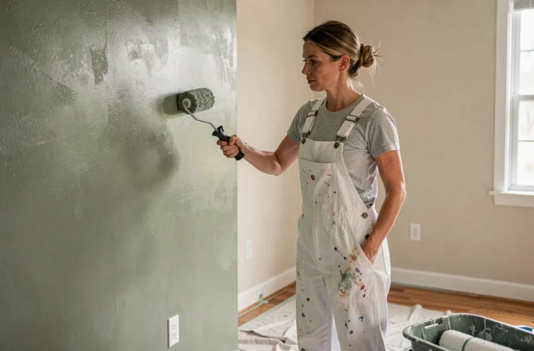 Femme appliquant de la peinture verte sur un mur intérieur avec un rouleau lors d'une rénovation de salon