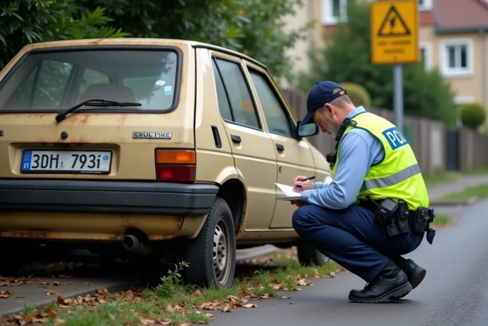 Agent de police municipale apposant un avis officiel sur un véhicule ventouse aux pneus à plat dans un quartier résidentiel