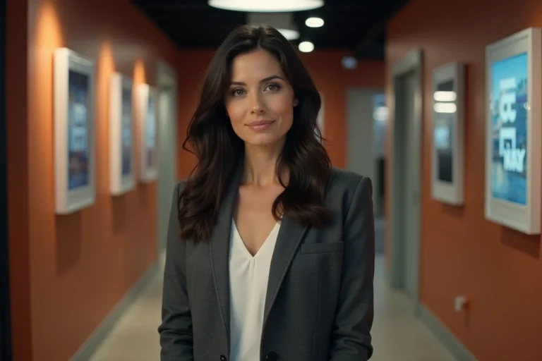 Portrait éditorial d'une actrice de séries TV dans un couloir de studio de télévision, blazer charbon et blouse blanche, atmosphère professionnelle