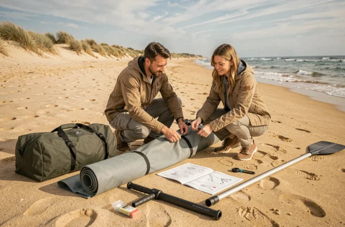 Couple préparant et dépliant un kayak gonflable avec accessoires sur une plage de sable méditerranéenne