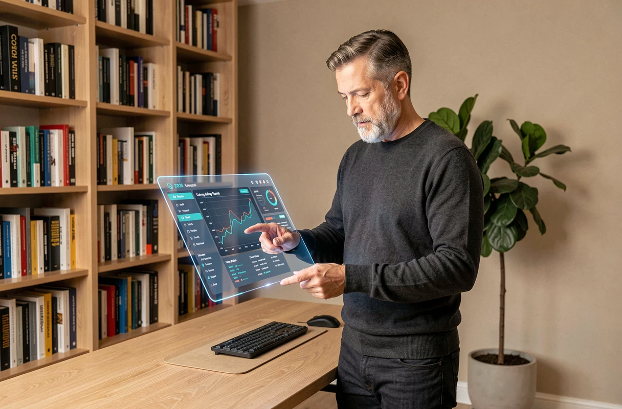 Professionnel de l'informatique consultant un tableau de bord IA sur tablette dans un bureau à domicile minimaliste