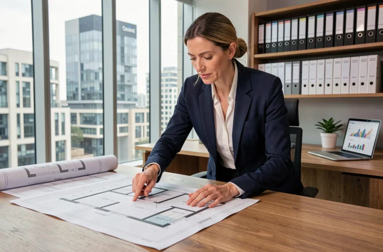 Femme professionnelle de l'immobilier examinant des plans architecturaux dans une agence moderne en 2024