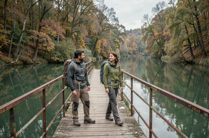 Promenade sur le pont de bois au bord de la rivière Bidasoa près de Dancharia en automne
