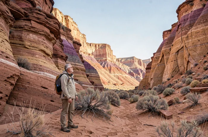 Homme explorant les formations rocheuses colorées de la Quebrada de Humahuaca dans le nord-ouest de l'Argentine