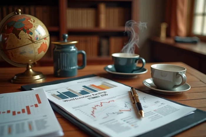 Bureau avec rapport économique mondial 2026, globe terrestre et graphiques financiers sur fond de bibliothèque