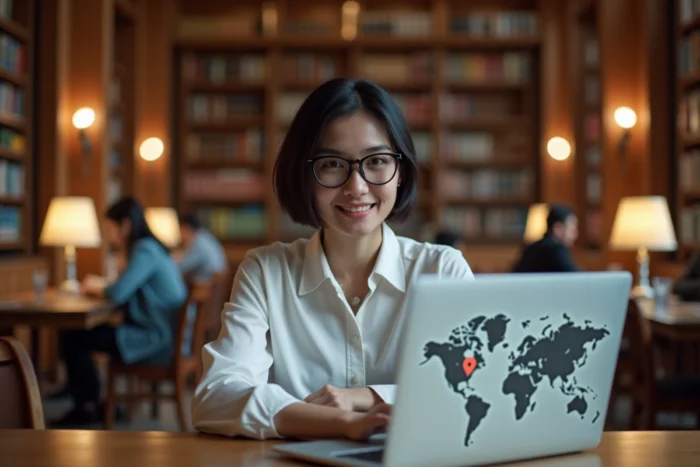 Femme consultant un outil de géolocalisation d'adresse IP sur un ordinateur portable dans une bibliothèque universitaire