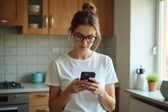 Femme cherchant sur son smartphone la nouvelle adresse d'un site de streaming bloqué ou inaccessible