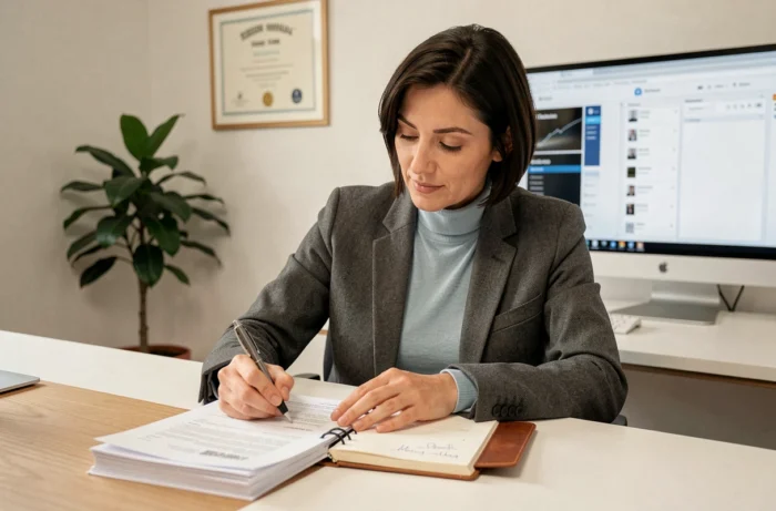 Recruteuse spécialisée dans le secteur technique analysant des CV dans un bureau d'agence de recrutement à Genève