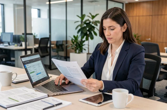 Responsable achats en entreprise analysant des rapports de procurement sur un ordinateur portable dans un bureau moderne