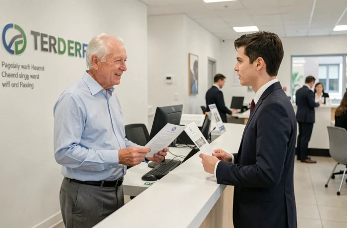Retraité discutant avec un conseiller bancaire Société Générale pour accéder à ses services de retraite