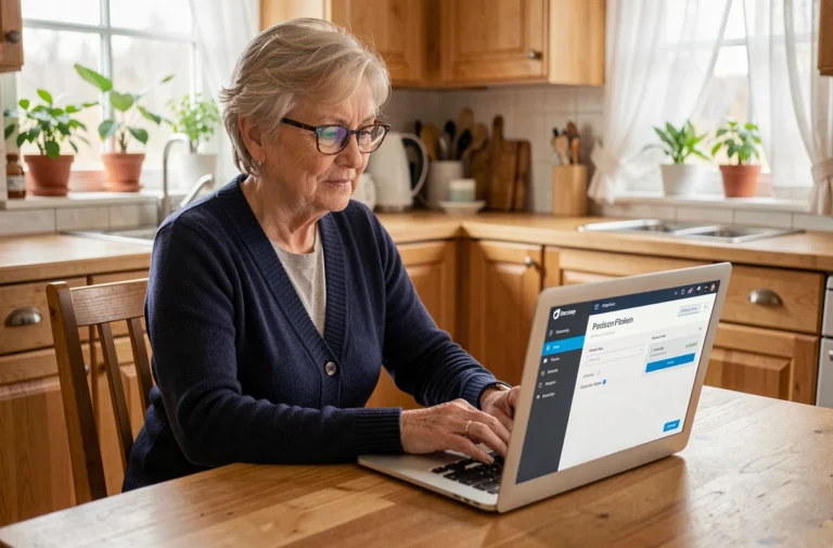 Retraitée consultant son espace en ligne Société Générale sur un ordinateur portable à domicile